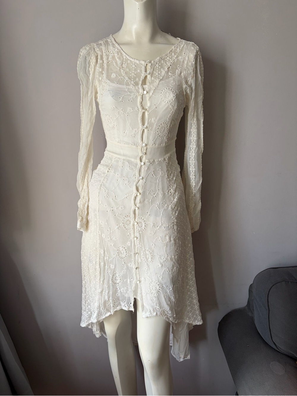 Free People Lace Crochet Sheer High Low Pearl Buttons Dress